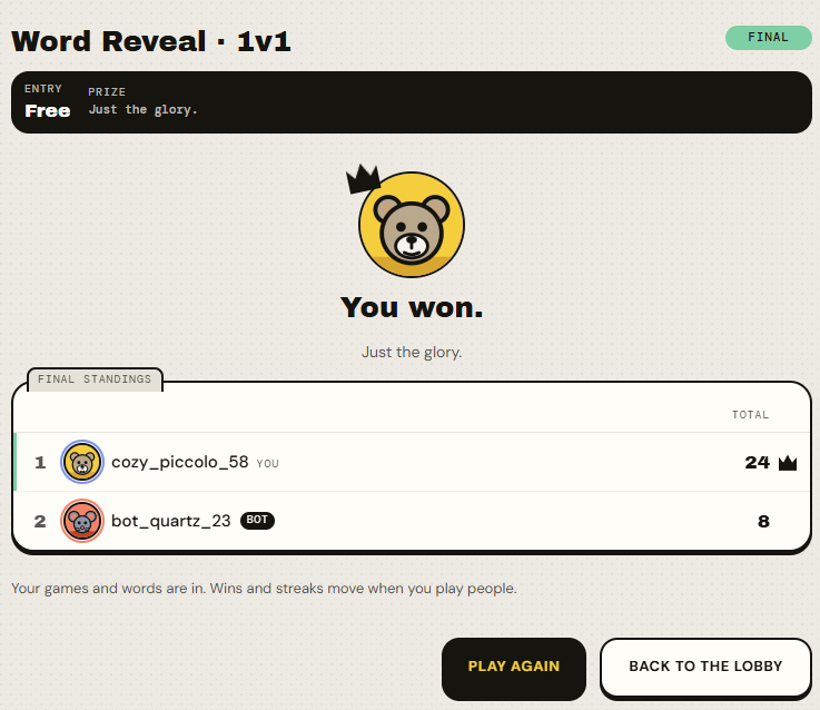 The final standings of a free Word Reveal game: each seat’s total listed separately, the winner crowned, the opponent a labelled bot.