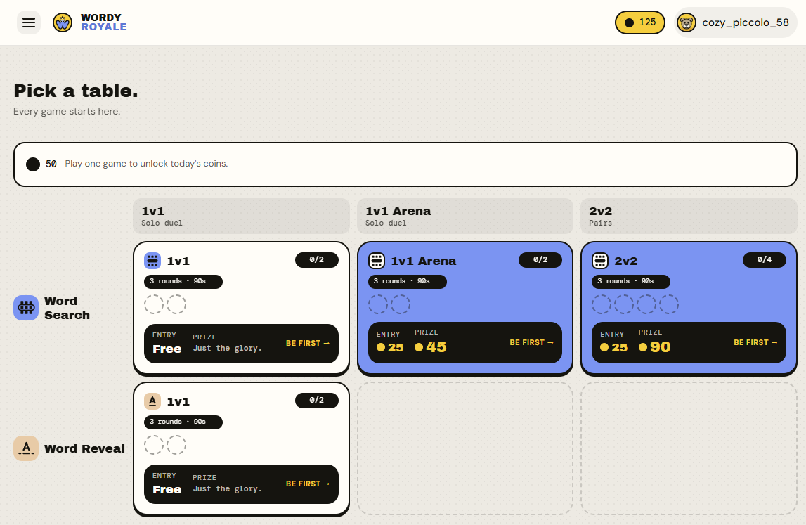 The Wordy Royale lobby on a desktop browser: two game-type rows, Word Search on top with three tiles, and Word Reveal below it with a single free table.