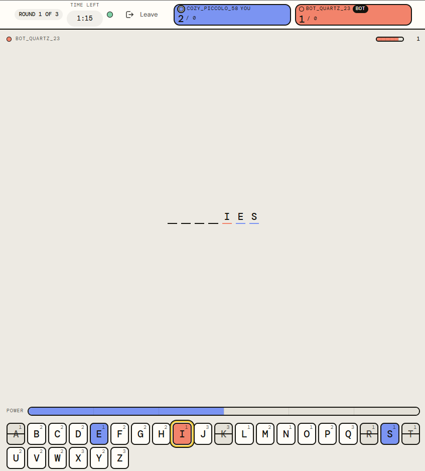 A Word Reveal round in progress: a partly revealed word with four letters still blank, a power meter, and an A-to-Z keyboard with used letters greyed out; the opponent seat is a labelled bot.