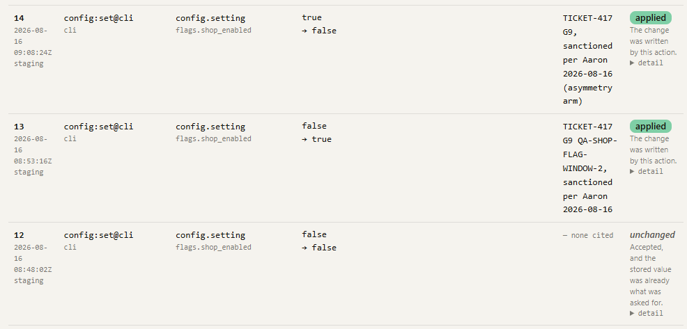 The backoffice audit log: operator actions listed with a timestamp, the setting changed, the before/after value, and an applied status.