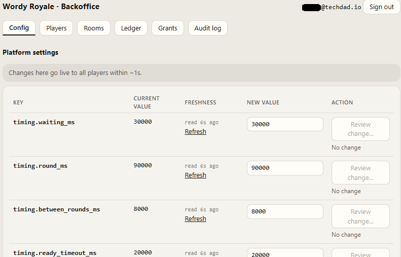 The backoffice’s platform settings screen: editable global timing values for a round, with a note that changes go live to all players within about a second.