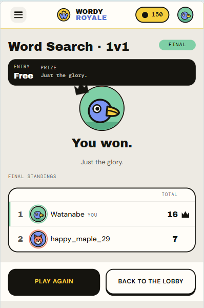 The end-of-game results screen after a win, showing final standings for the table.