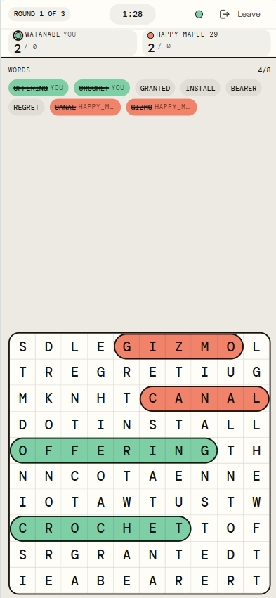 An in-progress Word Search board, mid-round, with found and remaining words shown in the word list.