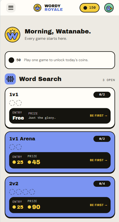 The Wordy Royale lobby screen: a grid of Word Search tables with entry fees and prizes, and a daily coin reward banner above them.